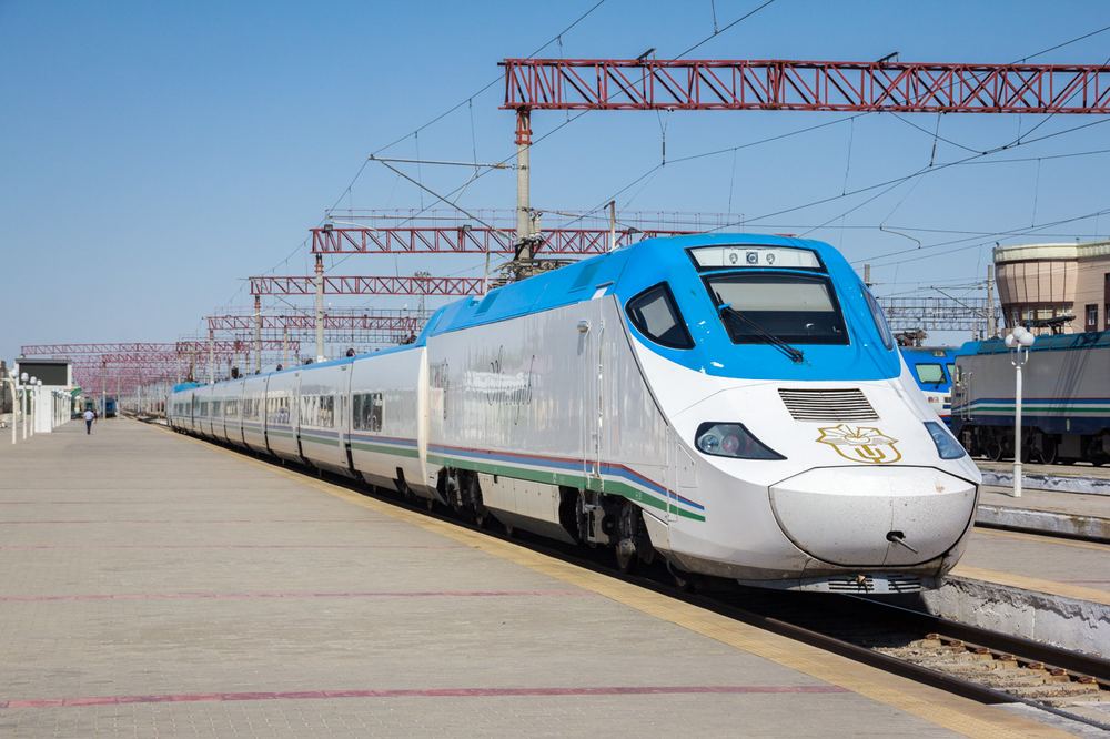 Afrosiyob Talgo high-speed train at Bukhara station