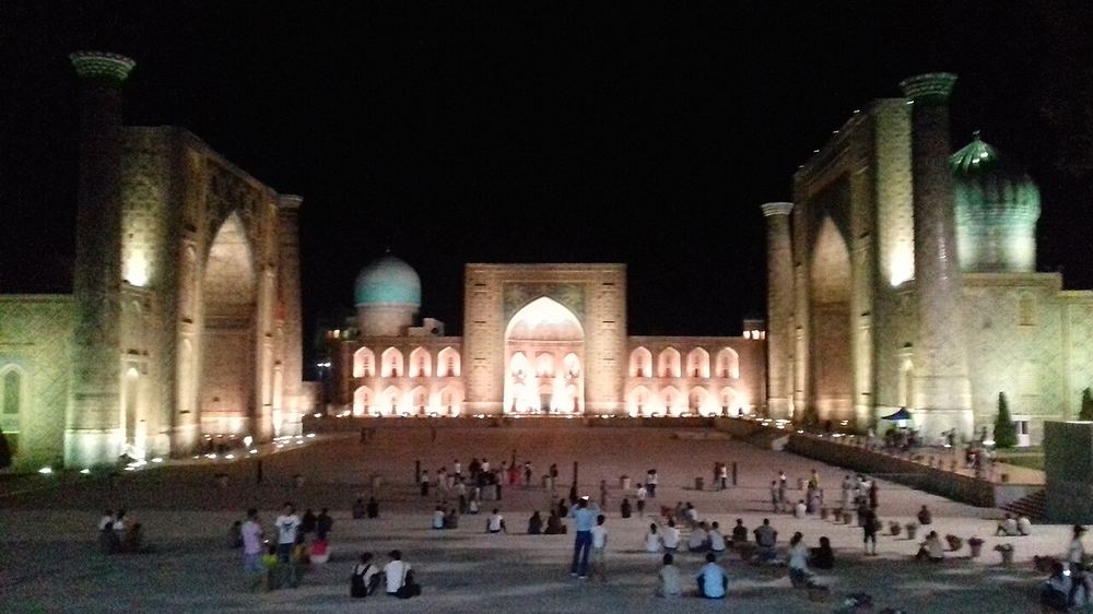 Registan Square in Samarkand lit at night