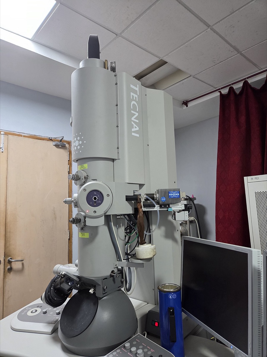 A large grey FEI Tecnai transmission electron microscope column standing in a laboratory, with control panels and a monitor beside it.