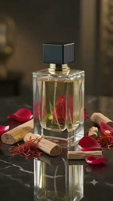 Bottle with saffron, sandalwood and rose petals