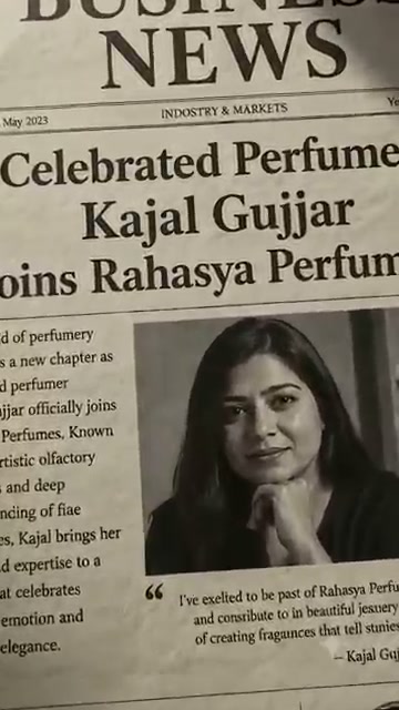 Business news item announcing perfumer Kajal Gujar joining Rahasya