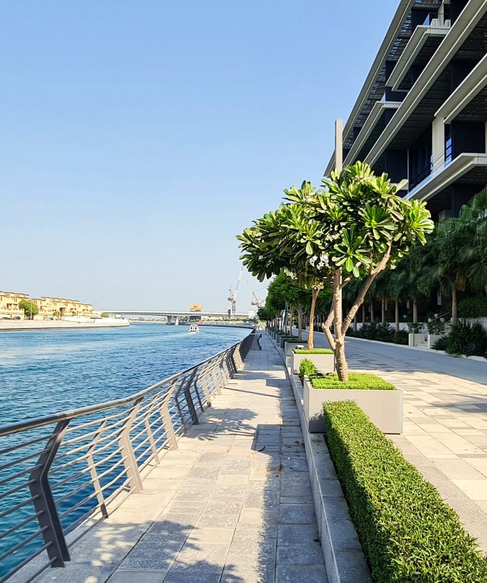 Canal promenade in Dubai, no people in frame