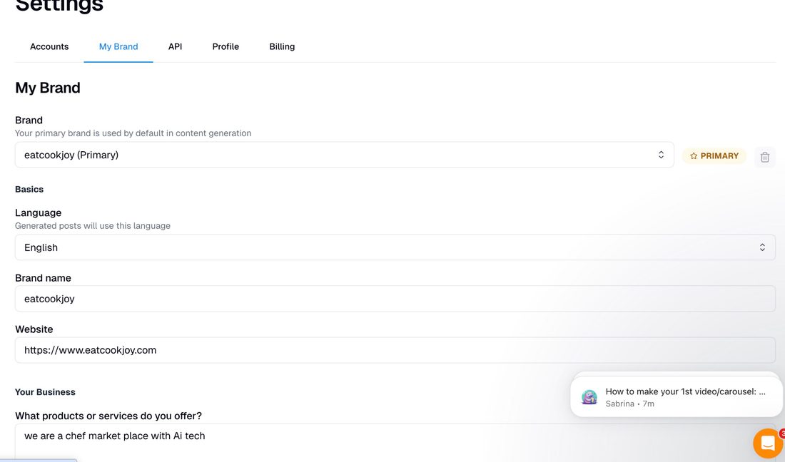 Blotato My Brand settings — primary brand, language, brand name and website