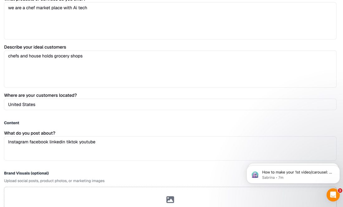 Blotato brand business details — products, ideal customers, location, what you post about