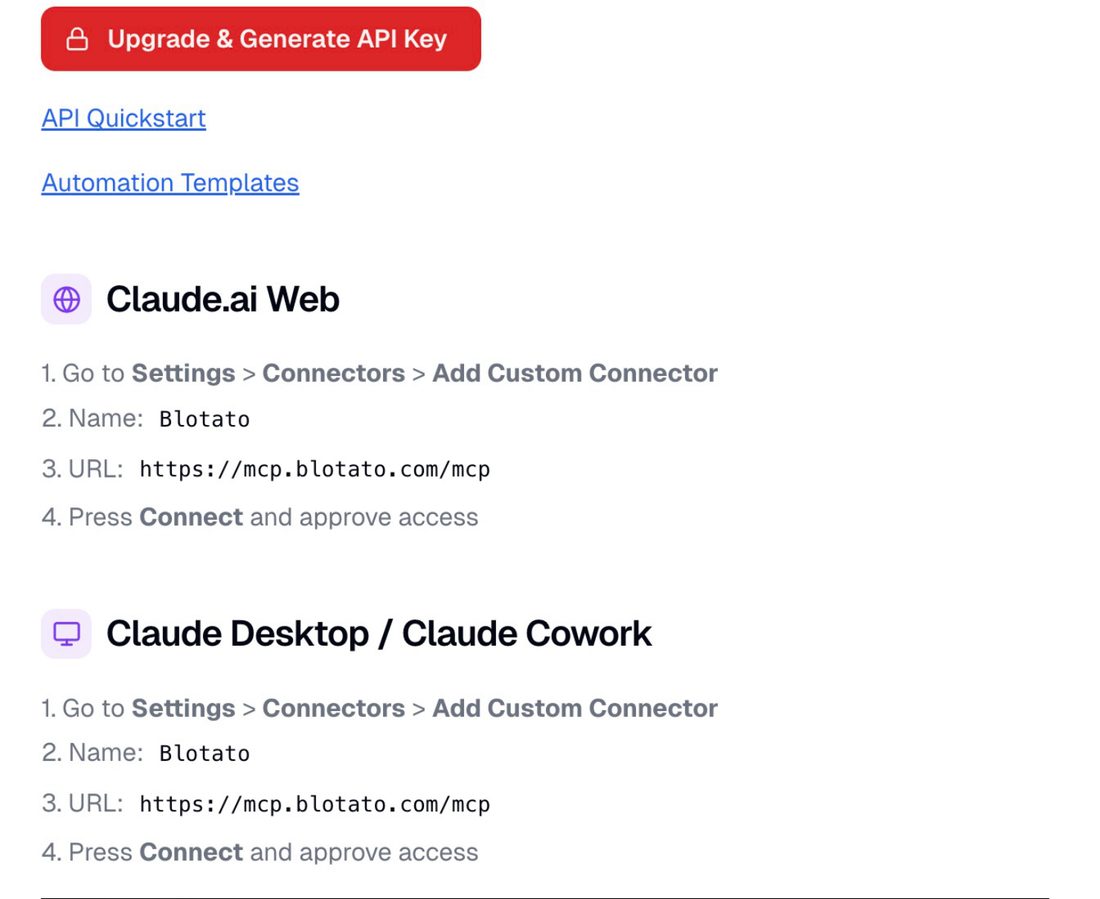 Blotato API tab — generate API key and connect the Blotato MCP server to Claude