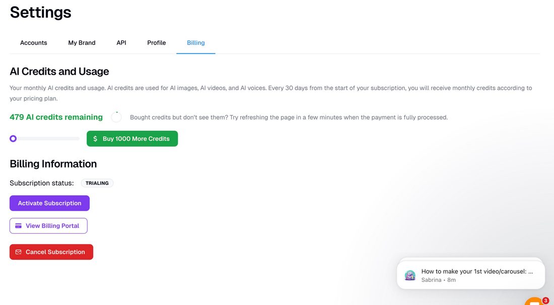 Blotato billing — AI credits and usage, buy credits, subscription status
