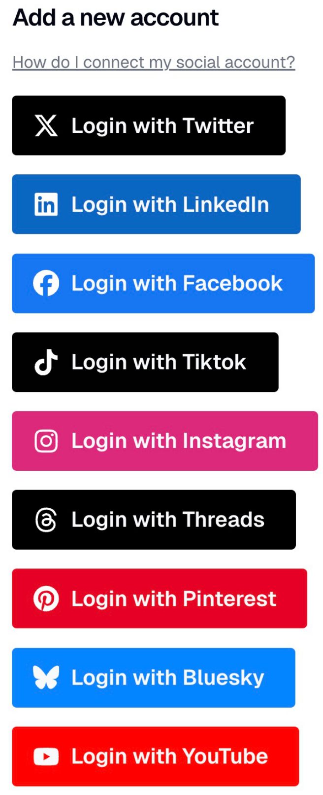 Blotato add a new account — login buttons for Twitter, LinkedIn, Facebook, TikTok, Instagram, Threads, Pinterest, Bluesky, YouTube