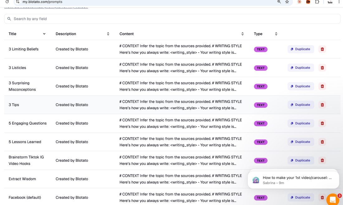 Blotato prompts library — listicles, tips, engaging questions, hooks templates