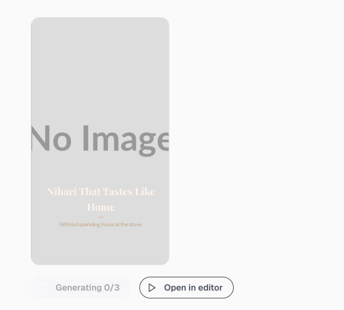 Blotato generating a vertical video — slide preview with title text, Generating 0/3, Open in editor