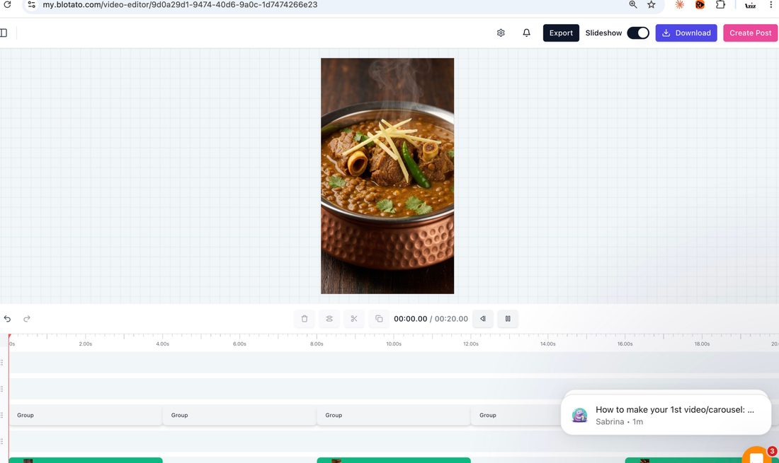 Blotato video editor — 9:16 preview, timeline tracks, export and create post