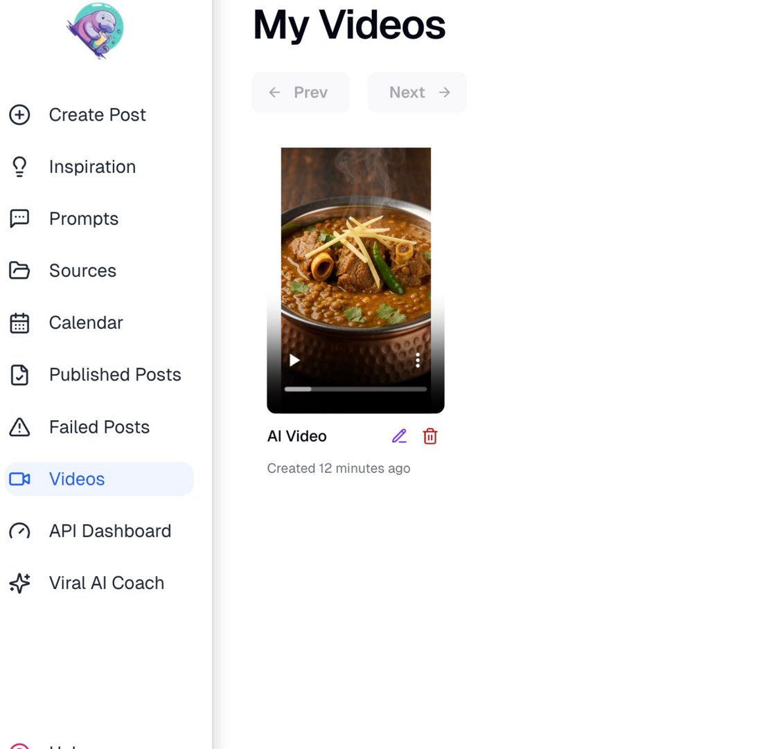 Blotato My Videos — finished AI video thumbnail with edit and delete