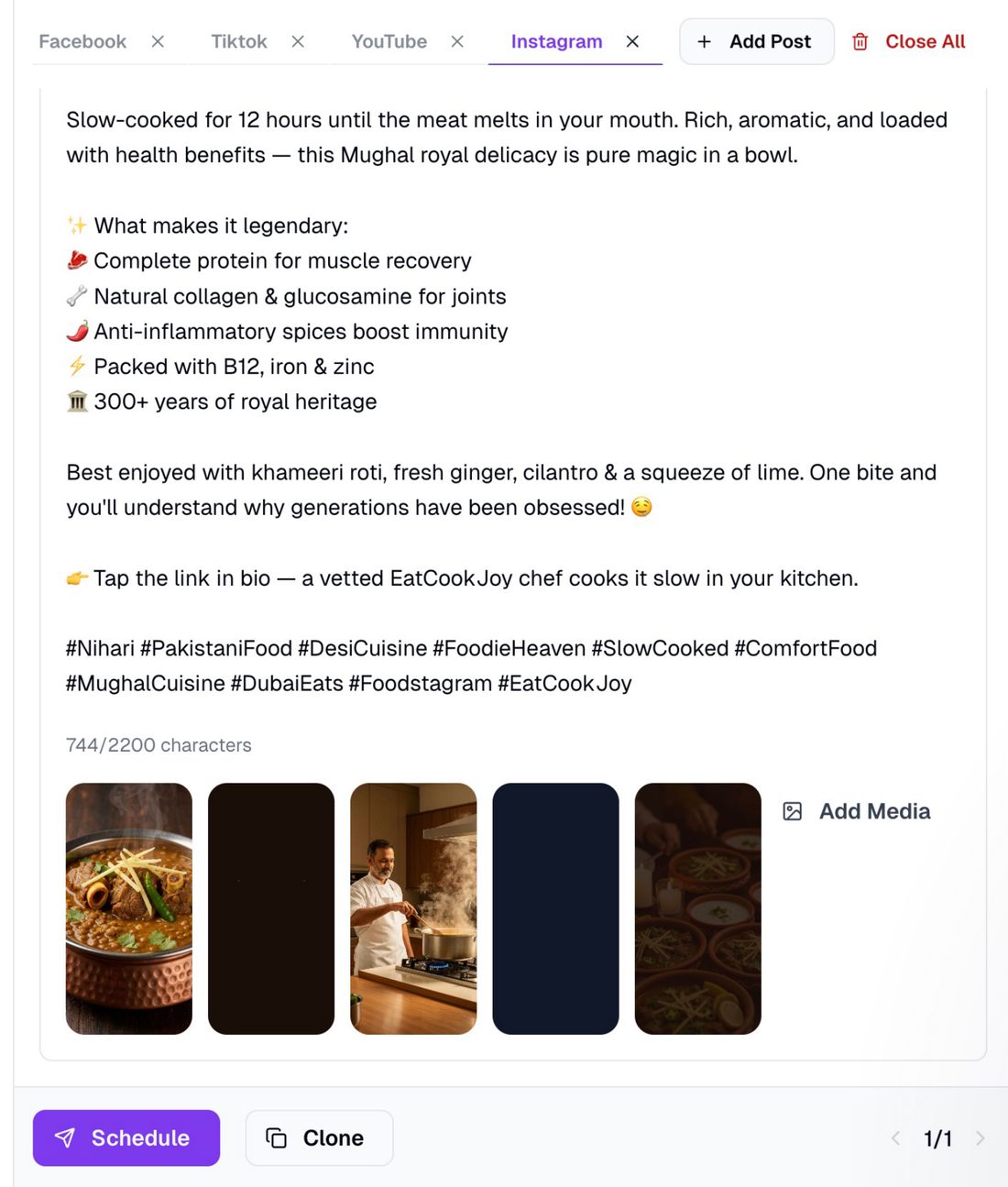 Blotato multi-platform composer — Facebook, TikTok, YouTube, Instagram tabs, one caption, media row, Schedule