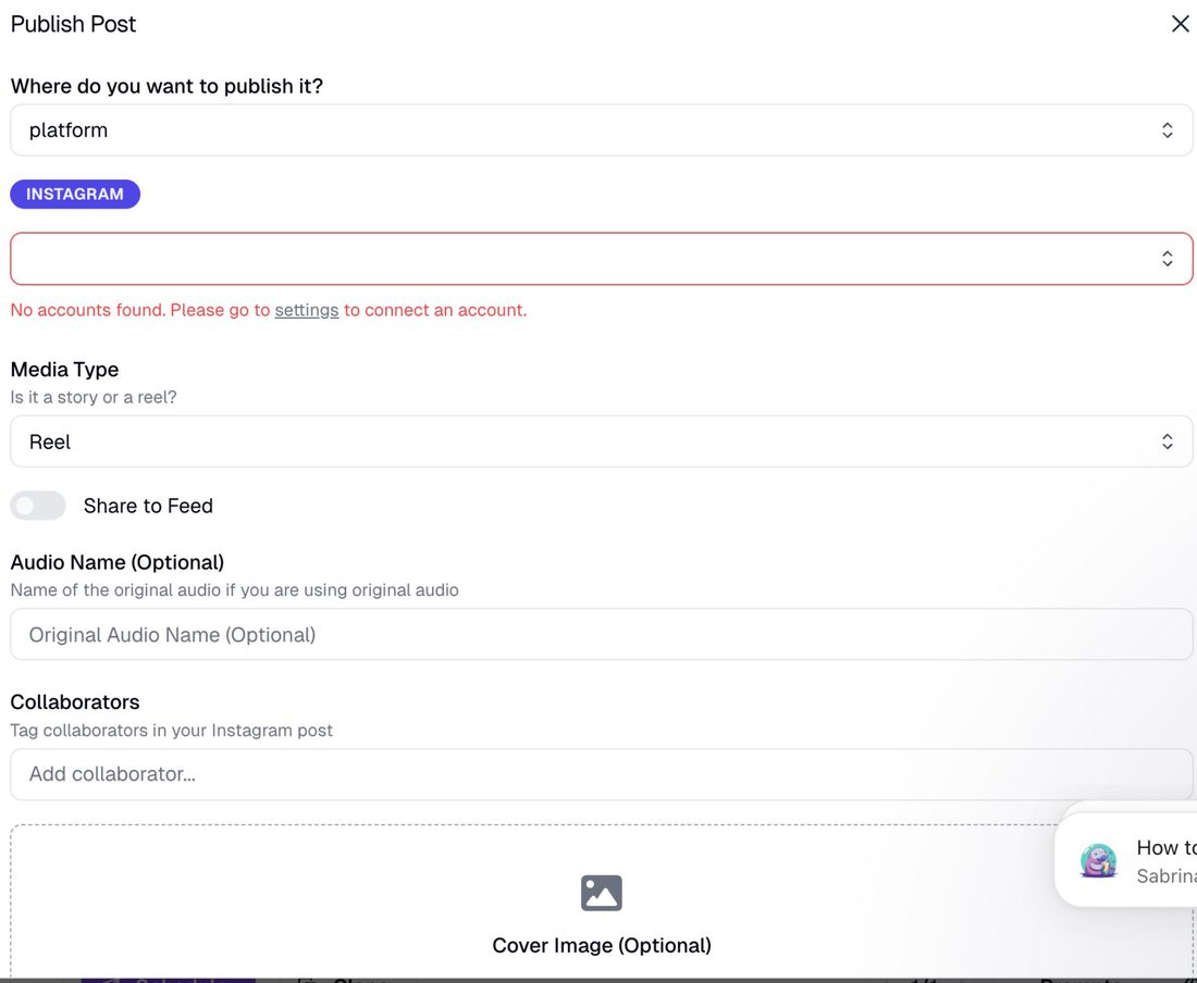 Blotato per-platform publish options — platform, media type reel, share to feed, audio name, collaborators, cover image