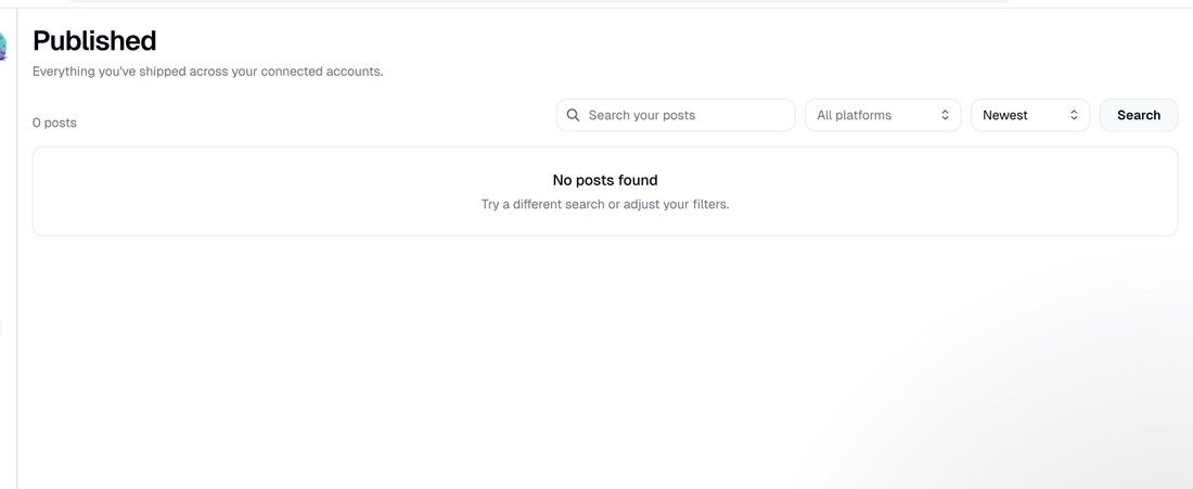 Blotato published posts — everything shipped across connected accounts, search and filter