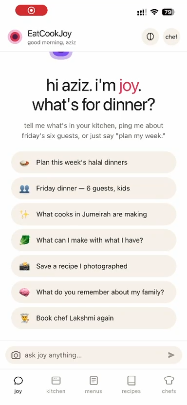 Joy AI home screen — what's for dinner?