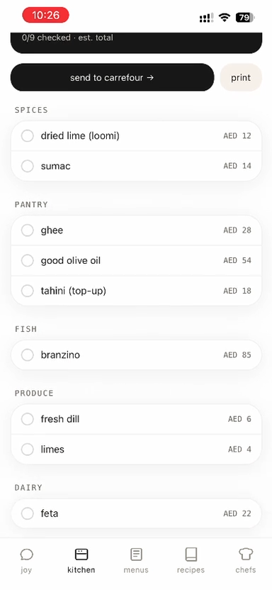 Kitchen tab — grocery list grouped by aisle, send to Carrefour