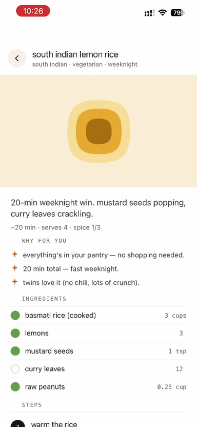 Recipe detail — why for you, ingredients, steps