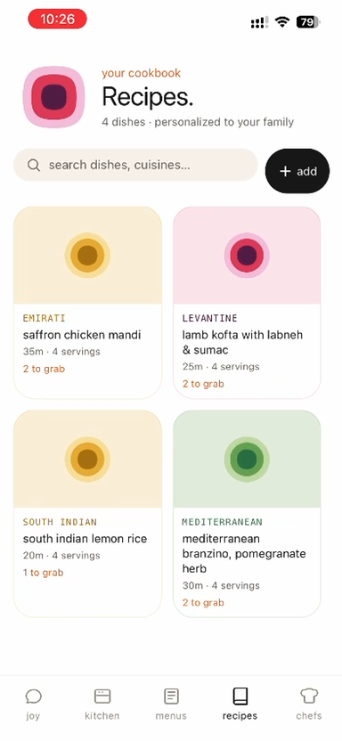 Recipes cookbook — personalised dish grid