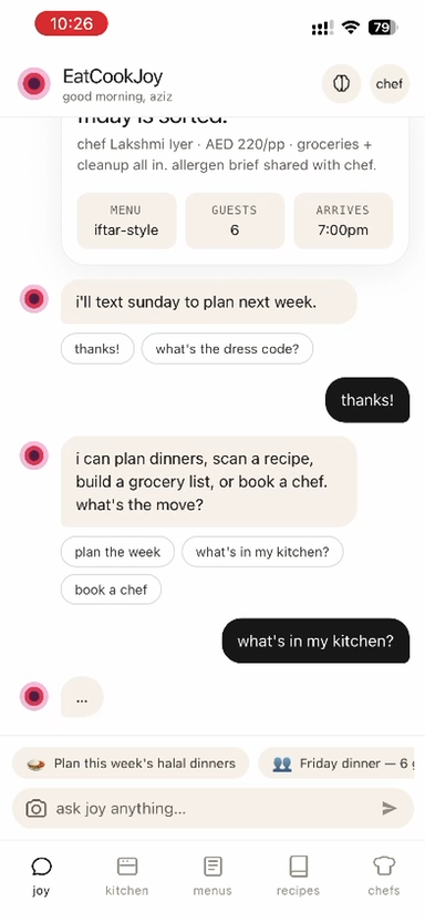 Joy chat — plan the week, book a chef