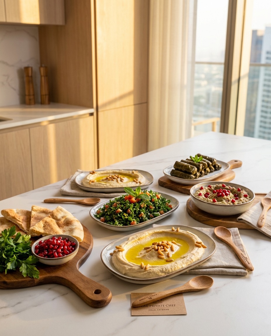 Fresh Levantine mezze plated on white marble in a golden-hour Dubai kitchen — hummus, tabbouleh, baba ganoush, vine leaves and warm pita.