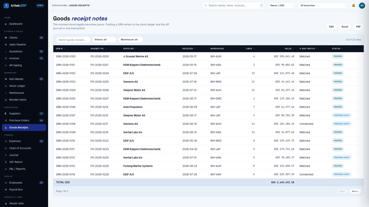 Goods receipts screen