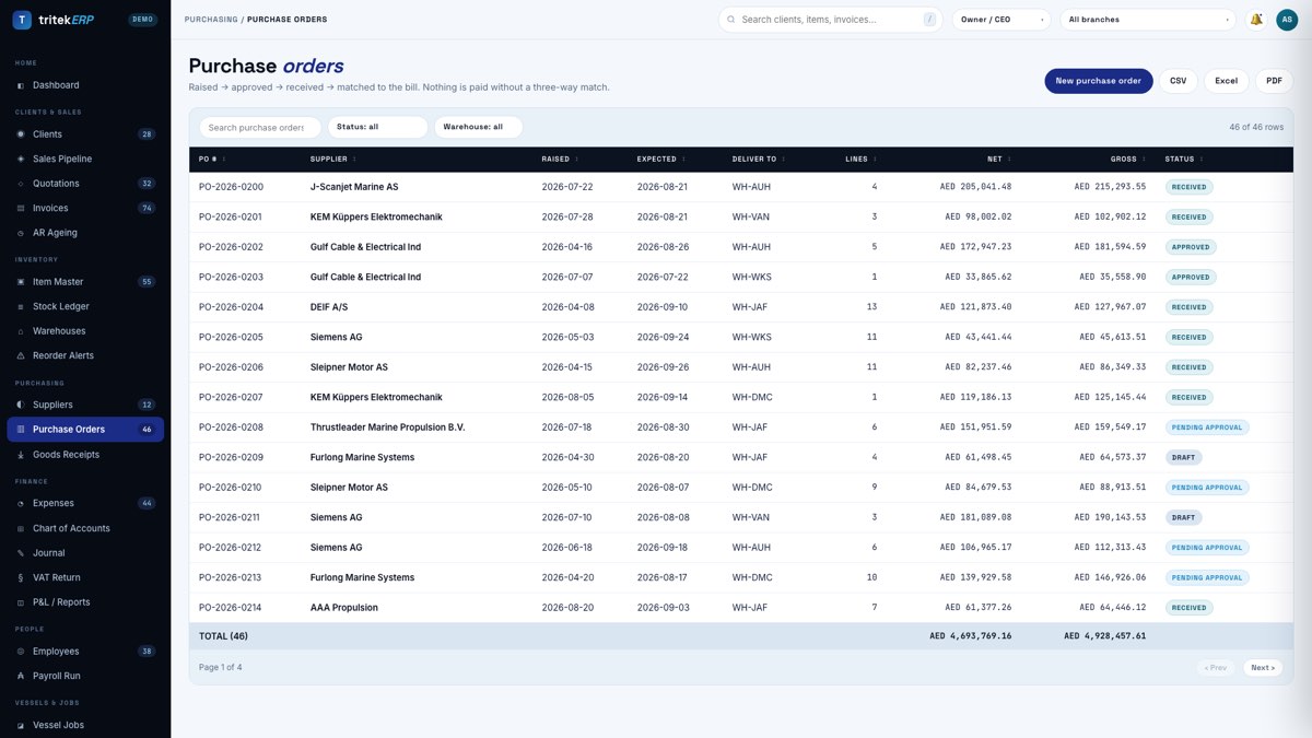 Purchase orders screen
